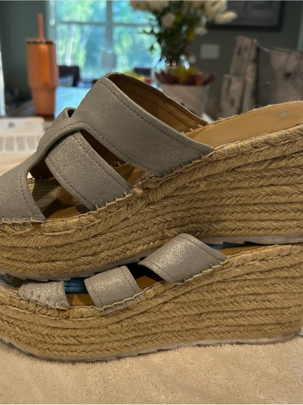 Marc Fisher Metallic Silver Espadrille Slide Wedges 9-9.5 Leather